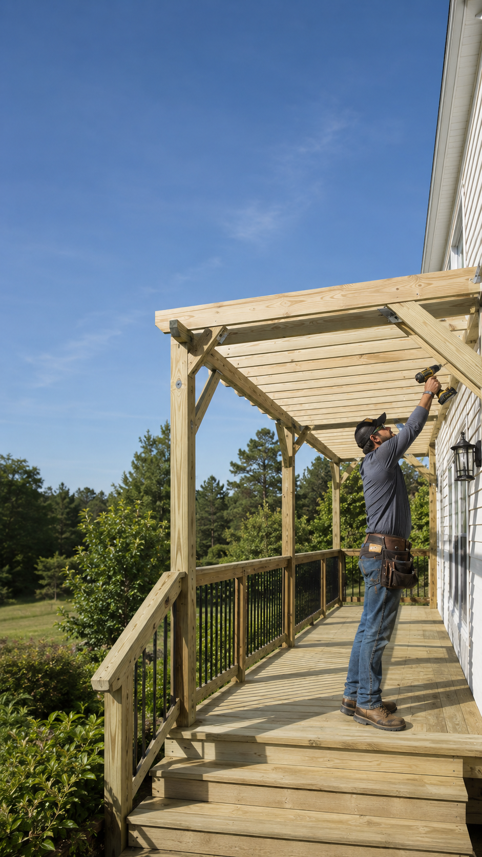 Handyman installing a wooden pergola on a residential deck