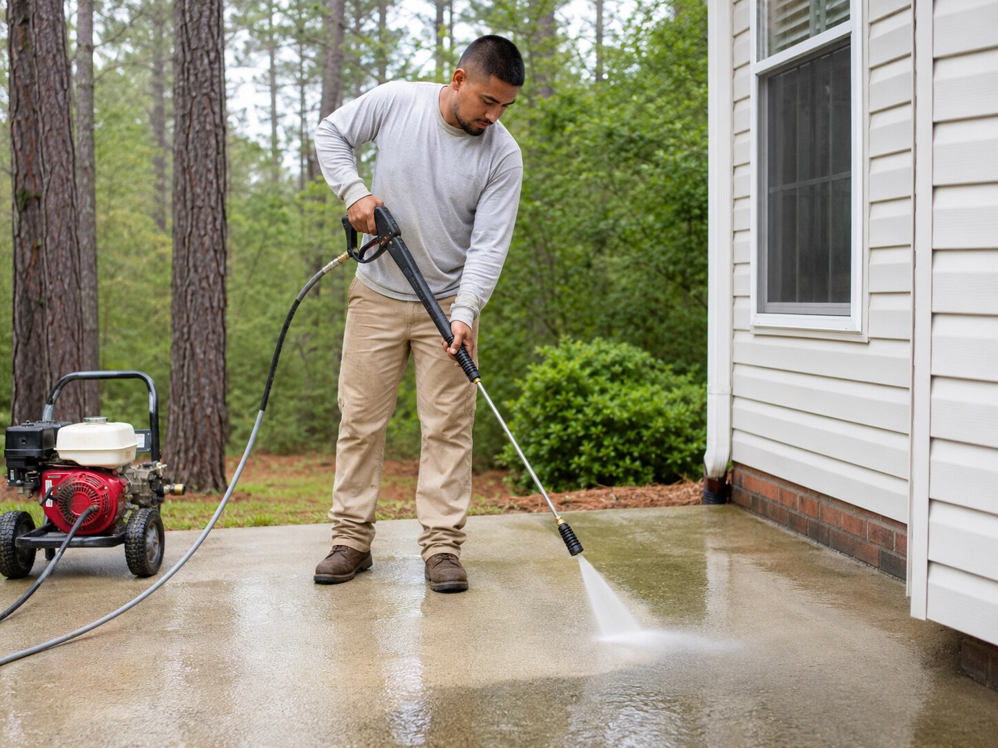Worker pressure washing a concrete patio next to a home
