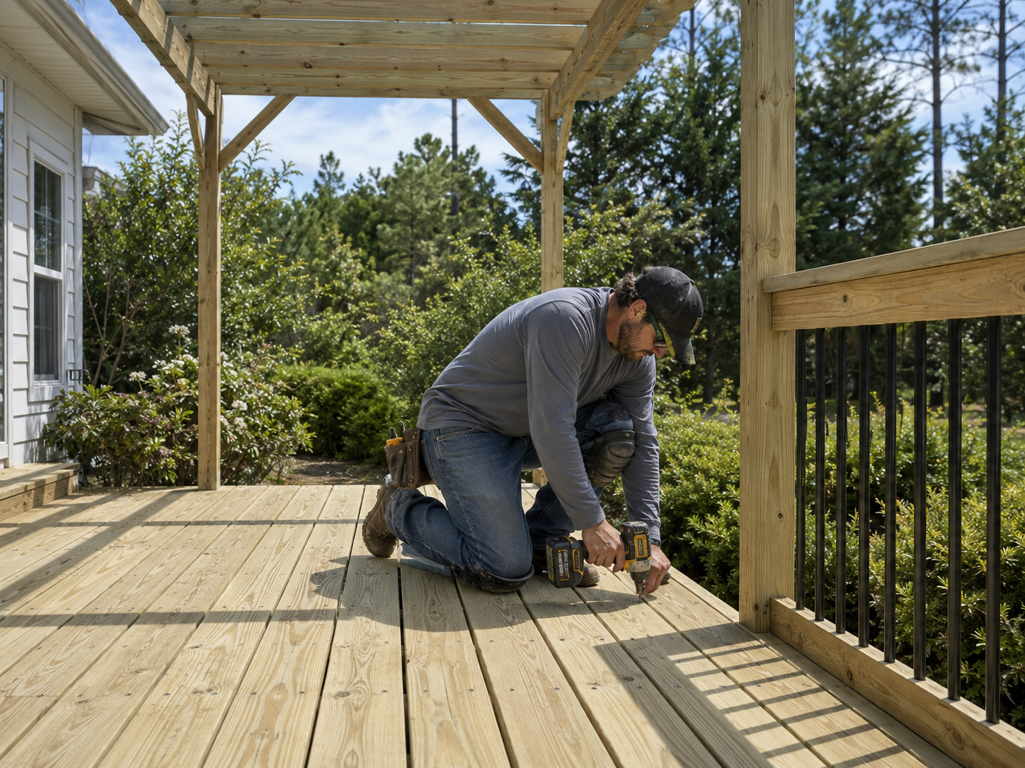 Contractor fastening deck boards on a backyard deck