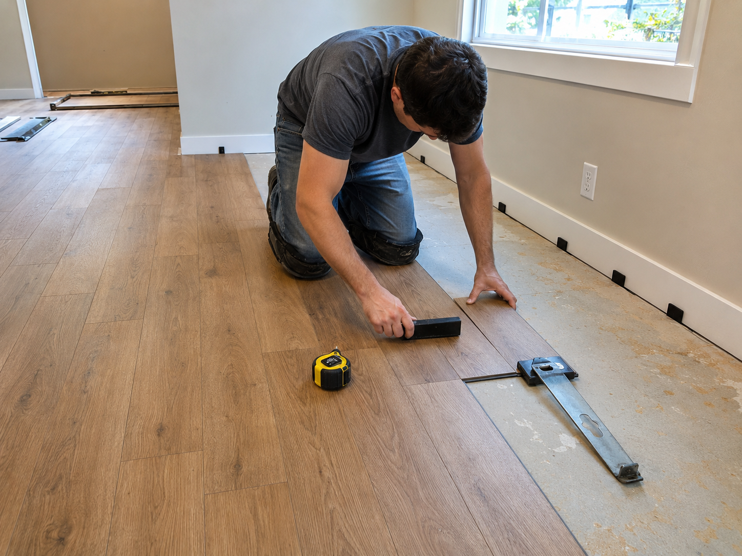Installer fitting laminate flooring planks in a bright room